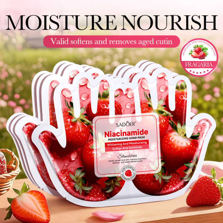 5 Pairs SADOER Strawberry Hand Mask Niacinamide Moisturizing Anti-aging Exfoliating  Hand Spa Gloves For Dry Skin