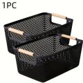 Durable Open Plastic Storage Basket with Double Wooden Handles - For Bathroom, Kitchen, and Outdoor Organization, Shelf Baskets. 