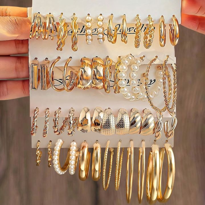 Fashion Geometric Hoop Earring Twisted Pattern Multi-Element Inlaid Imitation Pearl C-shaped Earring Women's Daily Party Jewelry