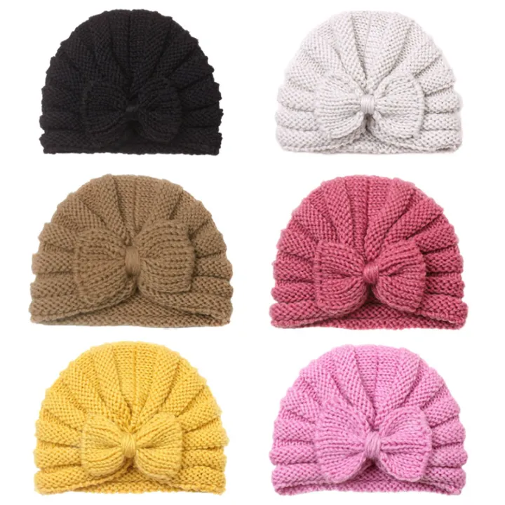 Bow Knit Baby Hat for Girls Boys Elastic Newborn Bonnet Autumn Winter Warm Turban Hats Solid Color Woolen Cap Kids Accessories