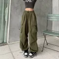 Y2K Parachute Black Pants Women Hippie Streetwear Oversize Pockets Cargo Trousers Harajuku Wide Leg Baggy Sweatpants. 