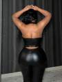 Leather Crop Top for Women with Hanging Neck Strap Hollow out Belted Waist Tight Strap Vest Large Size European Style. 