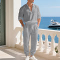 American loose linen set for men autumn Hawaiian home commuter thin Henry shirt long sleeve pants set.