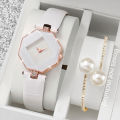 2PCS Fashion Women's Watches Casual Leather Band Analog Quartz Watch Pearls Bracelet Set（Without Box）. 