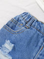 Girls' denim shorts baby children's summer wear woolly edge elastic waist denim blue. 