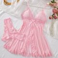 Lingerie Sleep Dress Women Nightdress Lace Sleepwear Solid Slim Soft V Neck Full Slip Dresses & Panties Set. 