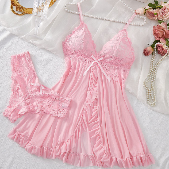 Lingerie Sleep Dress Women Nightdress Lace Sleepwear Solid Slim Soft V Neck Full Slip Dresses & Panties Set