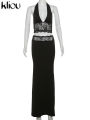 kliou Lace Patchwork Women 2 Piece Set Halter Fashion Backless Sheer V-neck Tanks+Trim Matching Long Skirts Mujer Elegant Suits.