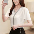 Womens Tops and Blouses Women Short Sleeve Shirts White Chiffon Blouse Womens Clothing V-Neck Solid Color Women Blusas 3897. 