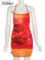 Nibber Spaghetti Strap Dress Women Y2K Backless Peach Hip Lace Up Bodycon Gradient Print Summer Beach Vacation Clubwear.