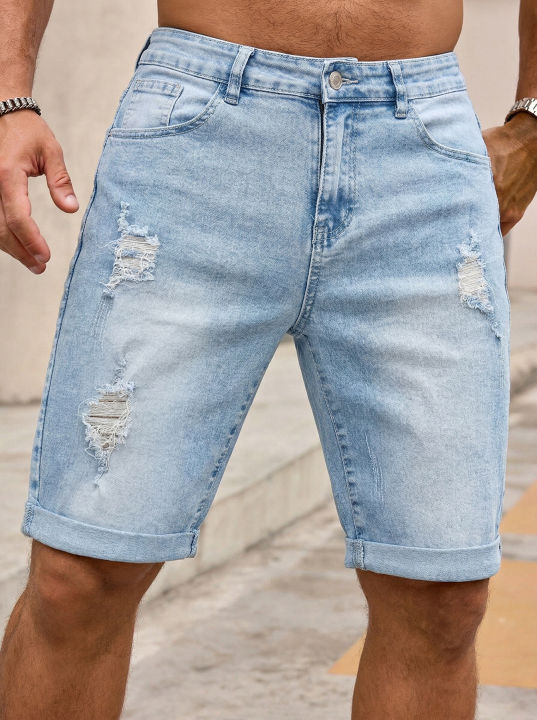 Men%20Denim%20Jeans%20Pants%20Clothing%20Trousers%20Shorts%20Men's%20Light%20Wash%20Ripped%20Rolled%20Cuff%20Denim%20Shorts%20-%20Image%204