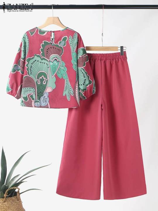 2024%20Summer%20Floral%20Print%20Suit%20ZANZEA%20Women%203/4%20Sleeve%20Blouse%20Wide%20Leg%20Pant%20Sets%20Stylish%20Tracksuits%20Fashion%20Loose%20Matching%20Sets%20-%20Image%203