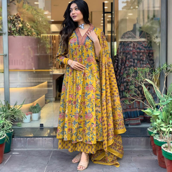 Fabdale 3 Piece Floral Print Viscose Rayon Kurta Suruwal Set with Dupatta | Salwar Suit for Women (DVST-009)