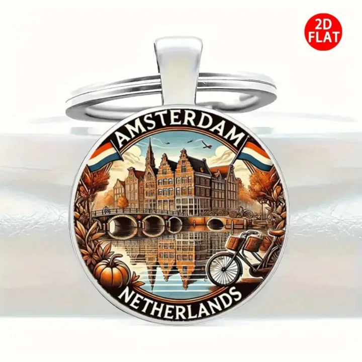 2D Flat Retro Dutch Landscape Keychain - Amsterdam Autumn Colors Design ...