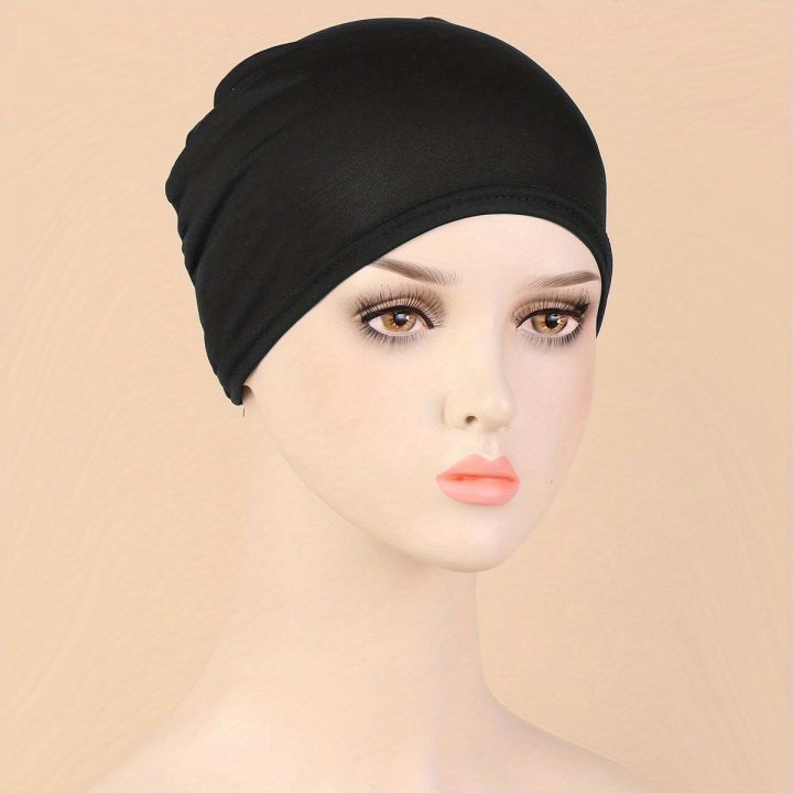 1pc Solid Color Simple Turban Cap Elastic Inner Cap Head Wraps Casual Bonnet Underscarf Ramadan Hijab Head Scarf Chemo Hats