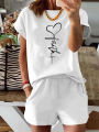 Summer Women's Fashionable Heart-Shaped Cross Print Casual Loose Round Neck Short Sleeved T-Shirt Shorts Two-Piece Set.