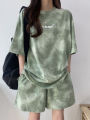 New in Summer Women's Tie Dye Workmanship Sportswear Set Short Sleeve Loose Wide Leg Shorts Casual Outfit Simple Two Piece Set.