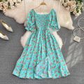 2026 Fashion New Summer Flower Print Long Dress Women Vintage Square Neck Ruched Chest Split Sundress Party Vestidos.