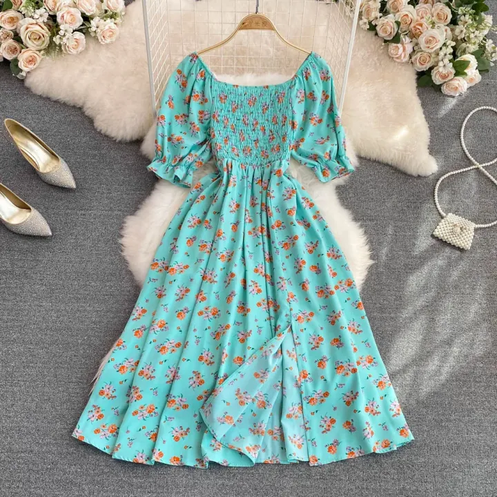 2026%20Fashion%20New%20Summer%20Flower%20Print%20Long%20Dress%20Women%20Vintage%20Square%20Neck%20Ruched%20Chest%20Split%20%20Sundress%20Party%20Vestidos%20-%20Image%203