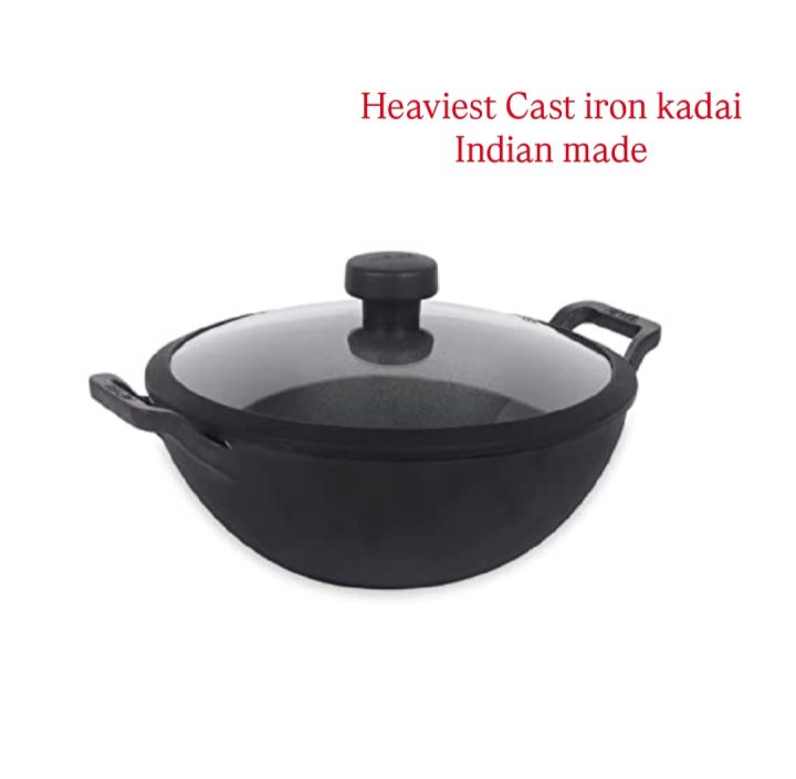 Natural Cast Iron Extra Heavy Kadai With Lid  22 cm Induction Base