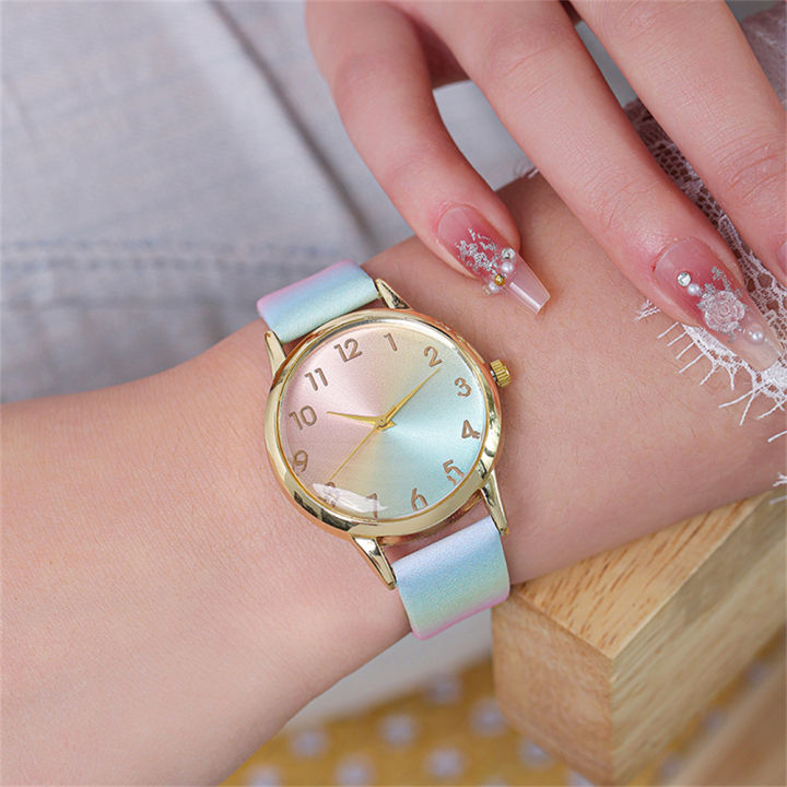 Fashion%20Women's%20Gold%20Gradient%20Rainbow%20Watch%20Pink%20Blue%20Dial%20Leather%20Strap%20Quartz%20Wristwatch%20-%20Image%205