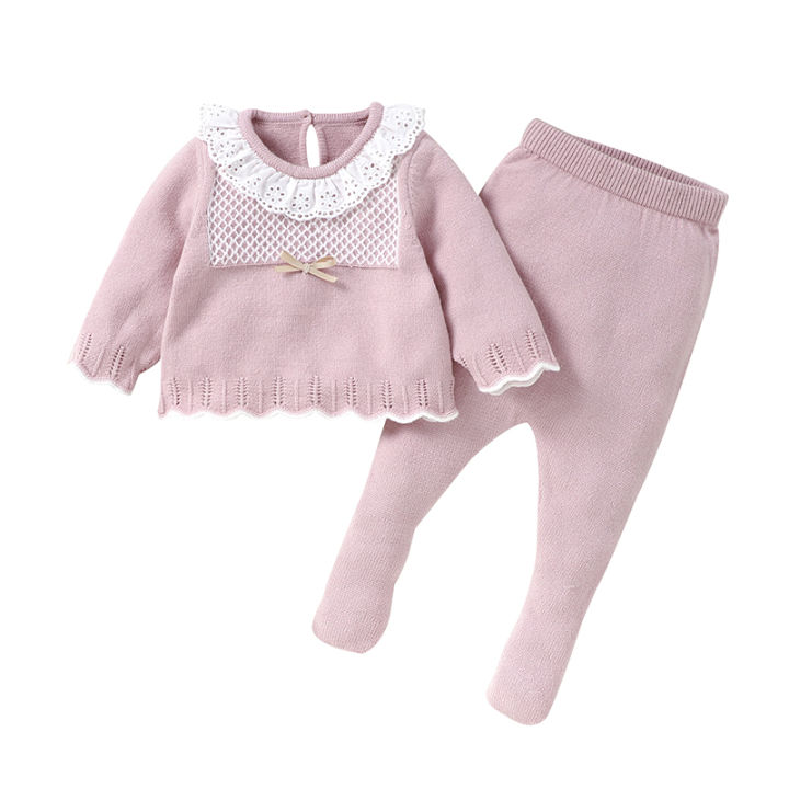 2pcs Autumn Winter Doll Collar Long Sleeve Sweaters + Solid Color Long Pants Baby Girls Clothing Sets Baby 0-9M Tops & Bottoms
