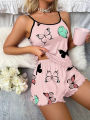 Butterfly Print Pajama Set Lettuce Trim Cami Top Elastic Waistband Shorts Women Sleepwear Loungewear. 