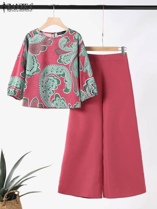 2024%20Summer%20Floral%20Print%20Suit%20ZANZEA%20Women%203/4%20Sleeve%20Blouse%20Wide%20Leg%20Pant%20Sets%20Stylish%20Tracksuits%20Fashion%20Loose%20Matching%20Sets%20-%20Image%202