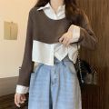 Fake 2 Pcs Shirts Long Sleeve Patchwork Tender Girl Crop Tops Camisas Ropa Mujer All-match Spring Clothing. 