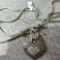 Lia Sophia Signed Double Strand Silver Tone Snake Chain Heart ❤️ Pendant Necklace 3D Scroll. 