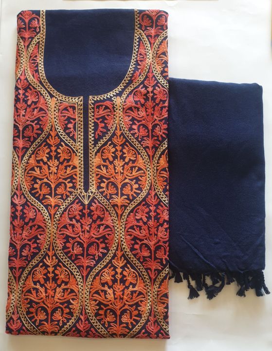 Navy Blue Unstitched Kashmiri Woolen Kurta Surwal Piece for Women