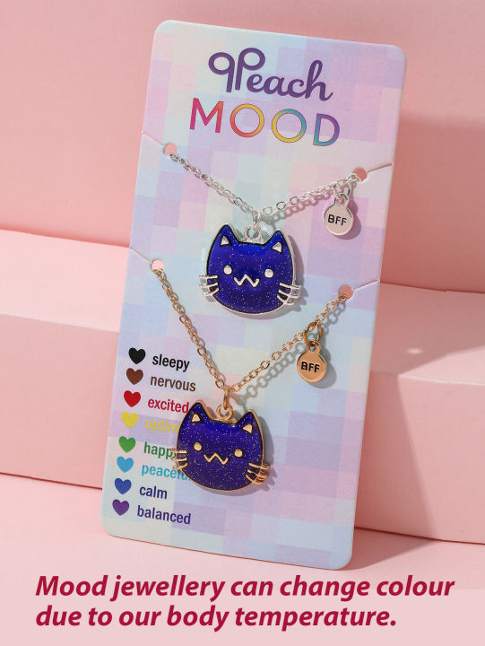 2Pcs/Set Cartoon Cat Butterfly Turtle Temperature-Sensitive Color Changing Pendants Girl Children's Friendship Necklace