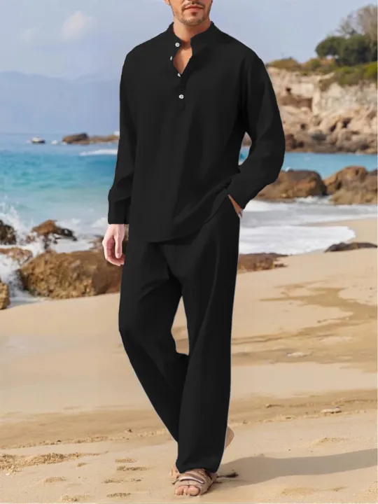 Summer%20Men's%20Casual%20Two%20Pieces%20Daily%20Outdoor%20Travel%20Basic%20Breathable%20Shirt%20Solid%20Pants%20Suit%20Male%20Beach%20Tracksuits%20Set%20-%20Image%205