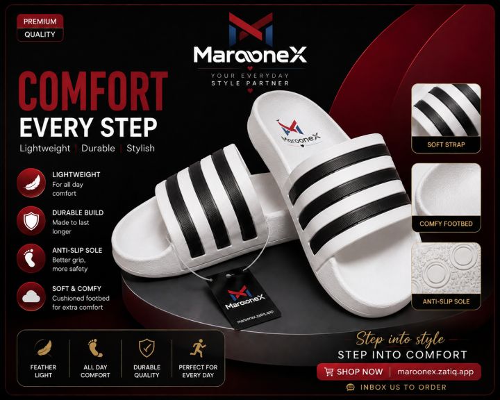 Imported Adilette Comfort Slide Sandal – Whit/ Black/ Cream