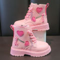 Girls Boots Kids Fashion  Boots Cool Girl Autumn and Winter Cotton Soft Sole Pink with Love Side Zip Princess Round-toe PU. 