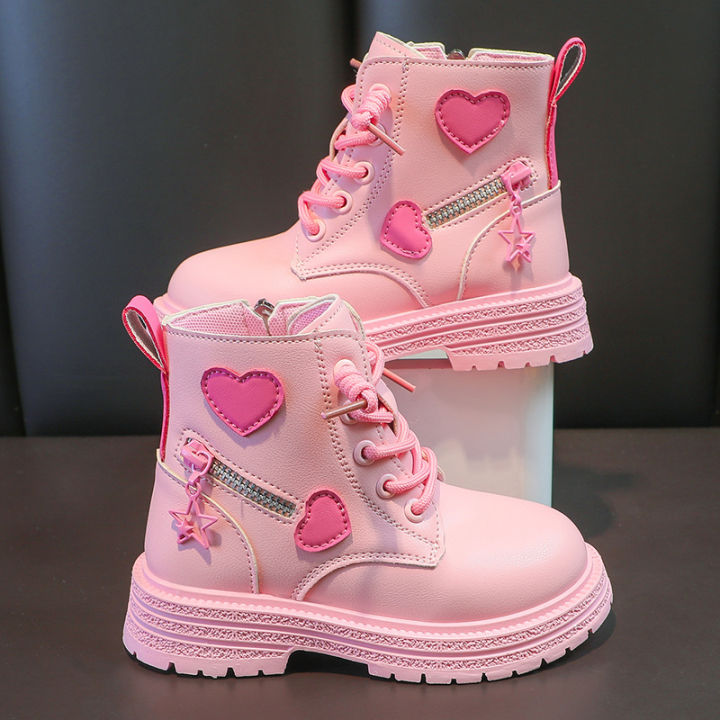 Girls Boots Kids Fashion  Boots Cool Girl Autumn and Winter Cotton Soft Sole Pink with Love Side Zip Princess Round-toe PU