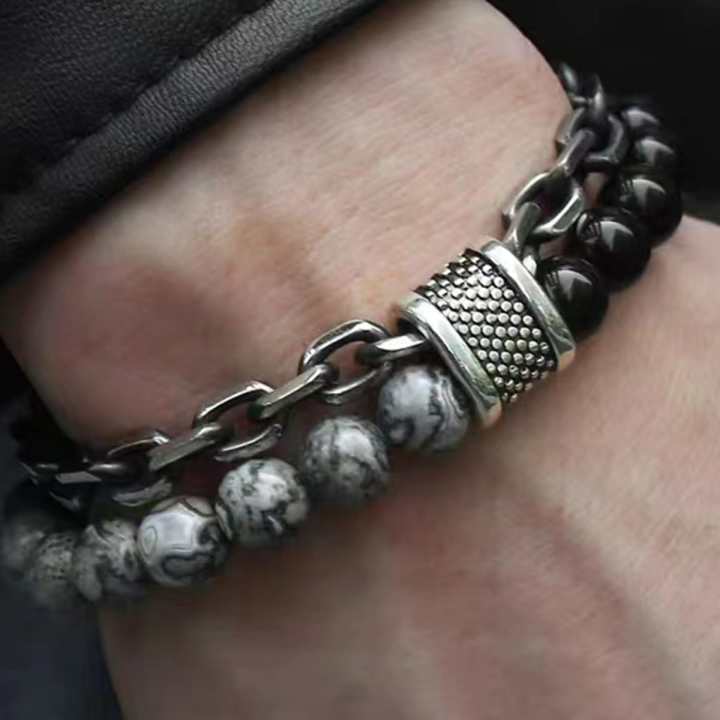 1%20Piece%20Punk%20Simple%20Temperament%20Black%20Beaded%20Chain%20with%20Natural%20Stone%20Beaded%20Chain%20Bracelets%20MEN'S%20FASHION%20Items%20Holiday%20Travel%20-%20Image%205
