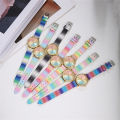 Fashion Women's Gold Gradient Rainbow Watch Pink Blue Dial Leather Strap Quartz Wristwatch. 