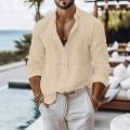 Cotton Linen Shirt for Men Summer Beach Style Solid Color Single Breasted Breathable Shirts Lightweight Stylish Button Tops.