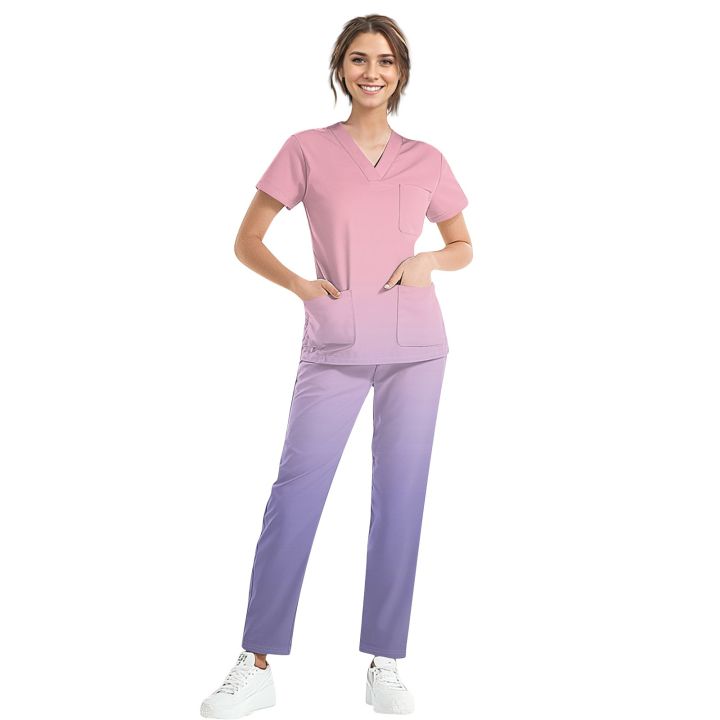 Medical Uniform Trendy Women's Scrub Set Stretch Soft Y-Neck Top Pants Hospital Pet Clinic Doctor Costume Contrasting Colors