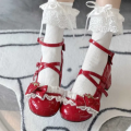 Women's Mary Janes Lolita Shoes Strawberry Bowknot Round Toe Heels Sweet Shoes Ankle Strap Pumps for Ladies.
