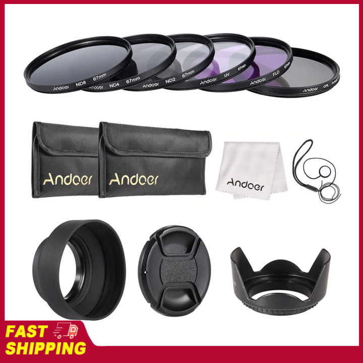 Andoer 67mm Lens Filter Kit Tool UV+CPL+FLD+ND(ND2 ND4 ND8) with Carry Pouch / Lens Cap / Lens Cap Holder / Tulip &  Lens