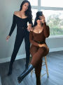 Women's Round Neck Long Sleeve Jumpsuit One-piece Tight Dress Sports Fitness Sweatpants Slimming Hip Lifting. 