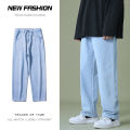 New Autumn Men Denim Wide-leg Pants Korean Style Straight Light Blue Baggy Jeans Elastic Waist Student Trousers Male Black Gray. 