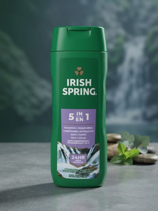 Irish Spring 5-in-1 Body Wash, Shampoo, Conditioner, Face Wash, and 24HR Deodorizer, 20 Fl Oz (591 mL)