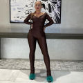 European and American style autumn 2023 women's new  off shoulder large V-neck high waist tight pants casual sports set. 
