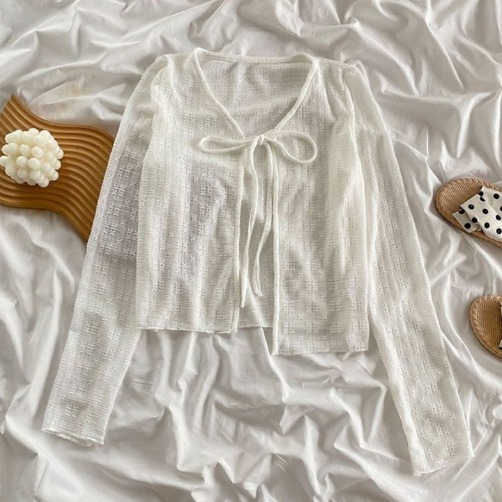 2026%20White%20Tie%20Up%20Summer%20Cardigan%20Women%20%20Long%20Sleeve%20Sheer%20Mesh%20Crop%20Tops%20Woman%20Chic%20All%20Match%20Short%20Printed%20T%20Shirt%20Mujer%20-%20Image%205