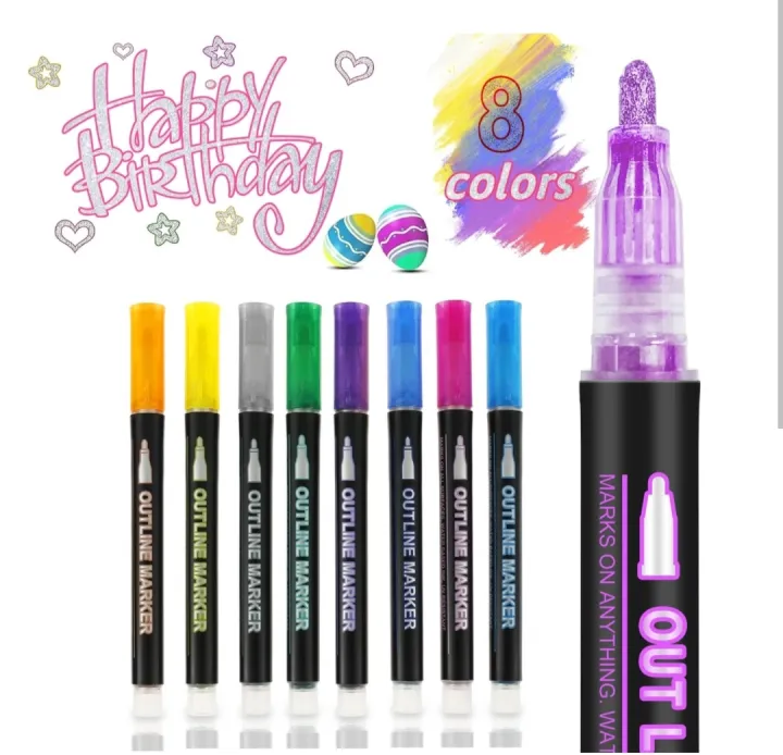 double line out liner glitter pen or metallic pen set of 8 pcs fancy marker designer pen fancy