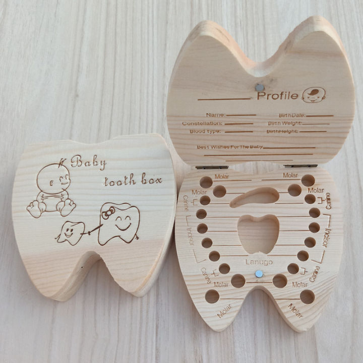 Baby Tooth Box English/ Spanish Wooden Boys Girls Deciduous Teeth Storage Case Baby Teeth Collect Souvenirs Gift Keepsakes