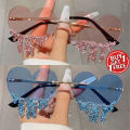 KAMMPT 1/2 Pairs Heart Shaped Sunglasses with Rhinestones Women Fashion Rimless Rave Shades Trendy Original Design Sun Glasses. 